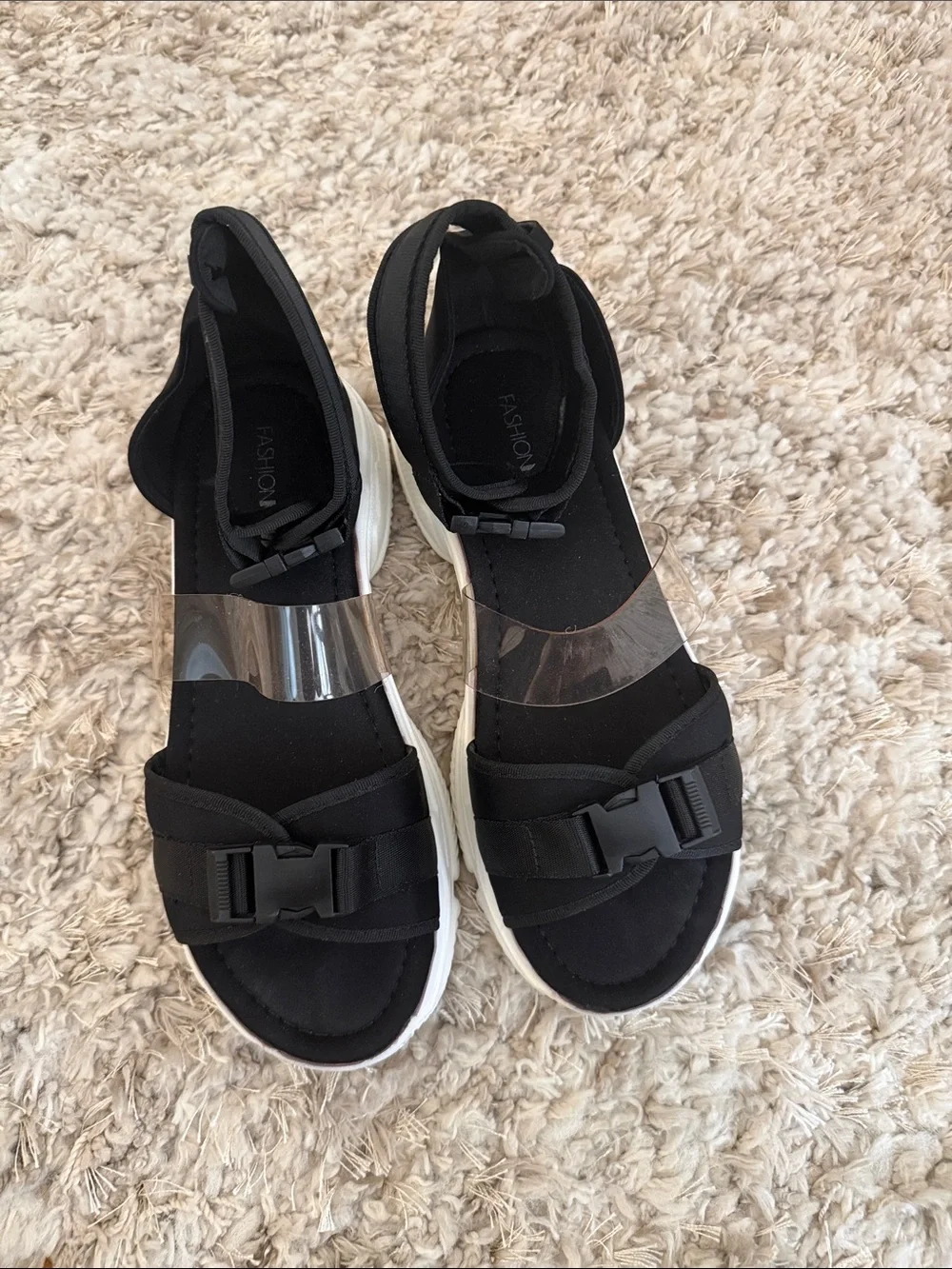 Fashion Nova Black Sport Sandals with Clear Accent Strap
